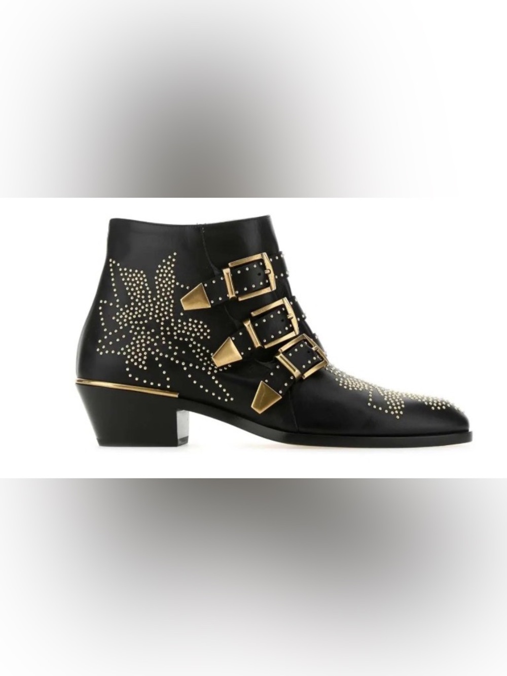 Chloe Black Leather Ankle Boots with Gold Buckles & Studs